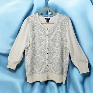 Nue Options Cardigan Sweater Silver Metallic Detail Button Front Woman 1X Dressy